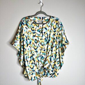 Chico's Ikat Print Satin Poncho Lightweight Tie-Front Blouse Resortwear Sz 16
